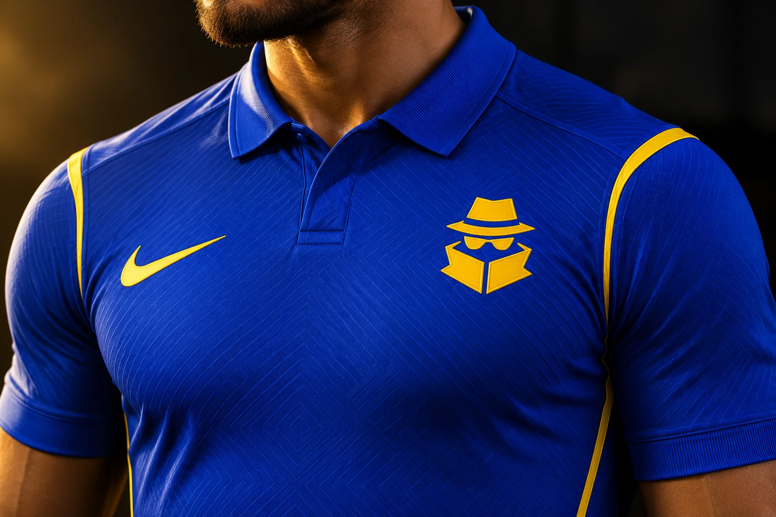 Detalle del cuello polo y el escudo del kit alternativo